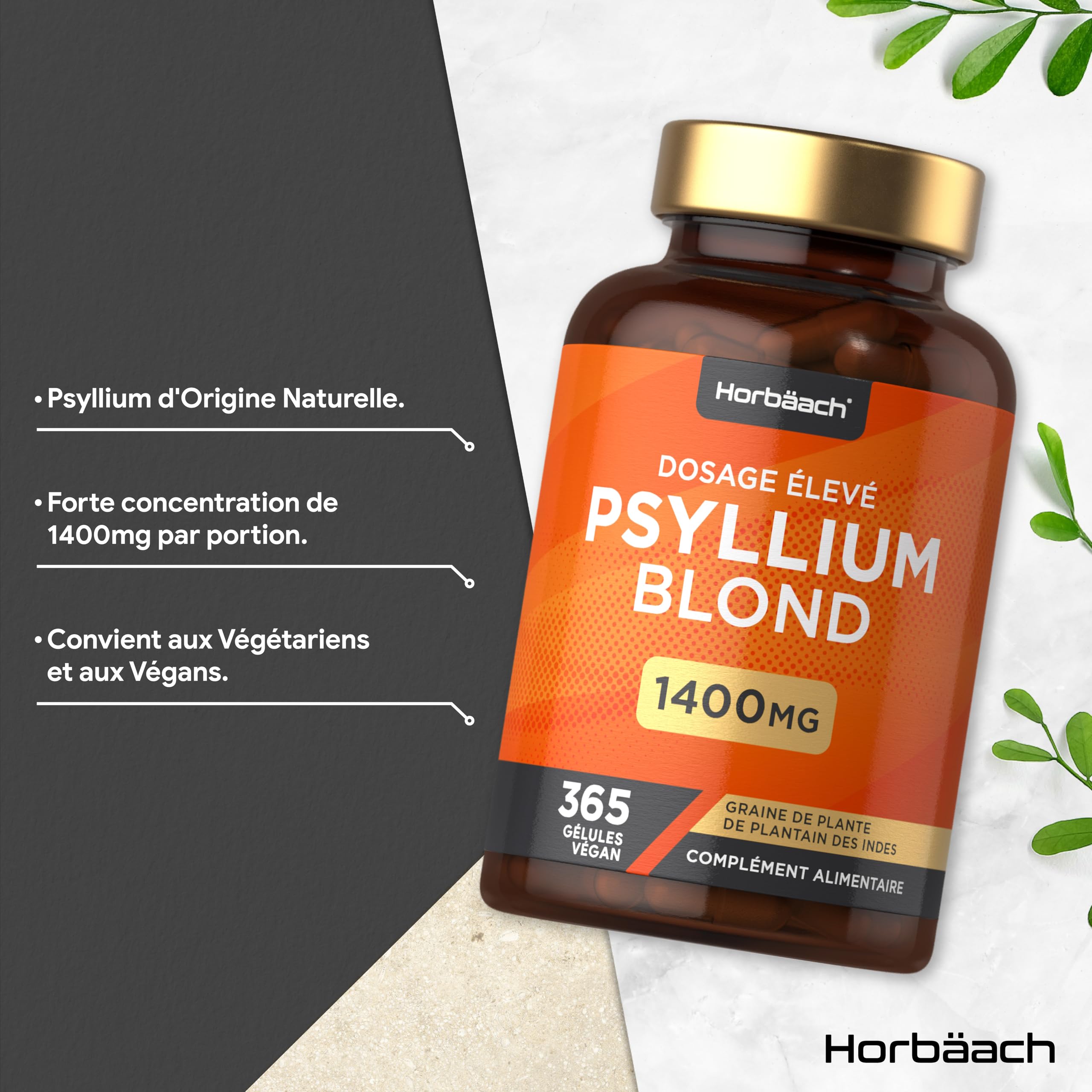 Psyllium Blond Gelules 1400 mg | 365 Psyllium Gelules Vegan | 6 Mois | Fibre de Psyllium Husk Haute Dosage | Prébiotique naturel | Horbaach