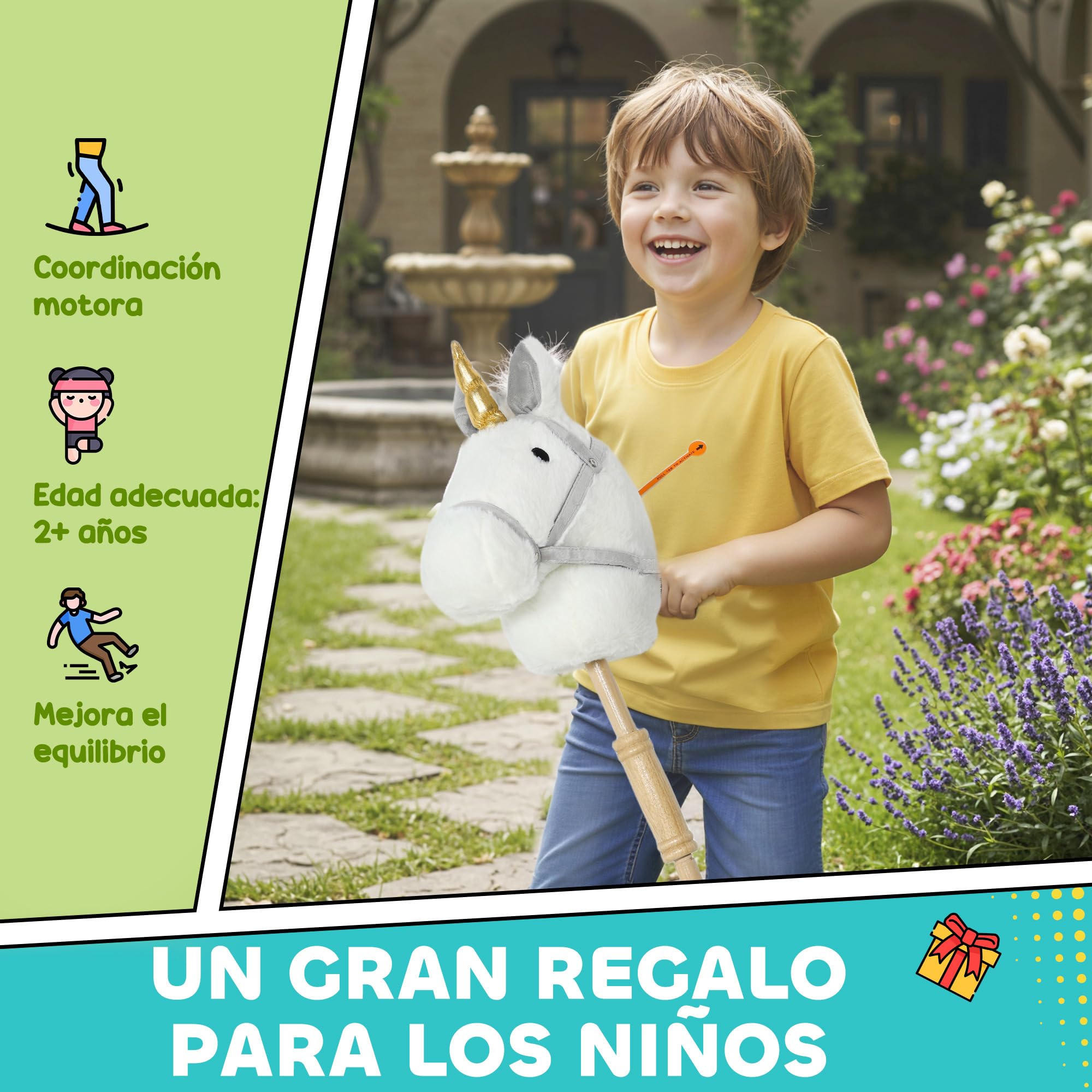AIYAPLAY Cabeza de Caballo con Palo de Madera, Diseño Unicornio, Sonidos y Ruedas, Caballo de Juguete, 95 cm de Altura, Blanco