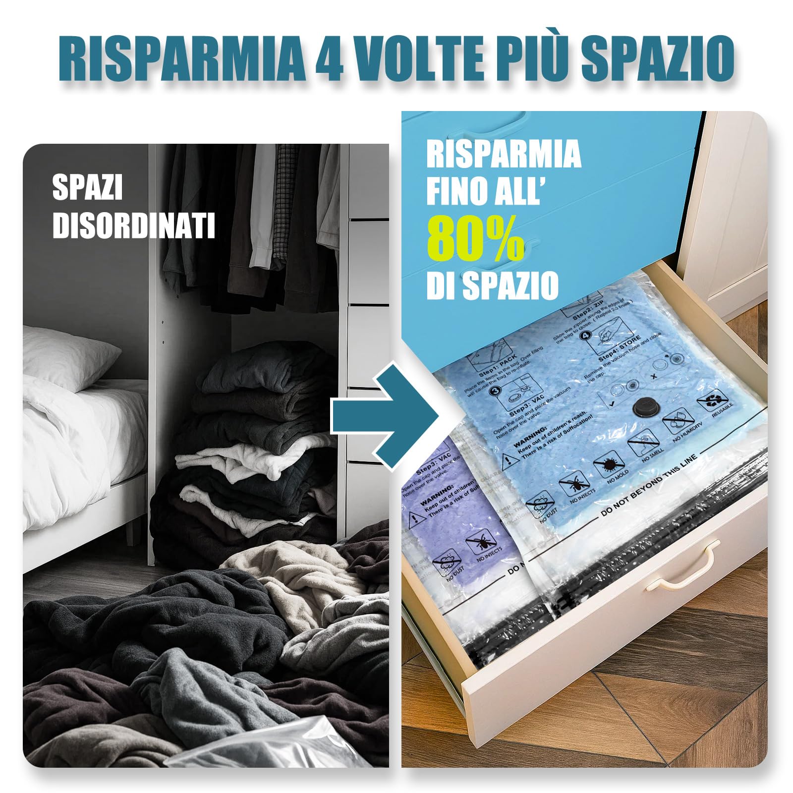 Accenter Sacchetti Sottovuoto Vestiti 5 Pezzi Sacchi Sottovuoto Piumoni 3XL 100x80cm 2L 80x60cm Buste Sottovuoto Vestiti Per contenere vestiti, lenzuola, piumoni, cuscini e coperte