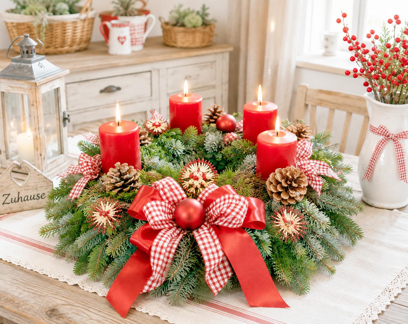 Adventskranz frisch Landhaus rot 35 cm Weihnachten Advent Gesteck Tanne Konifere