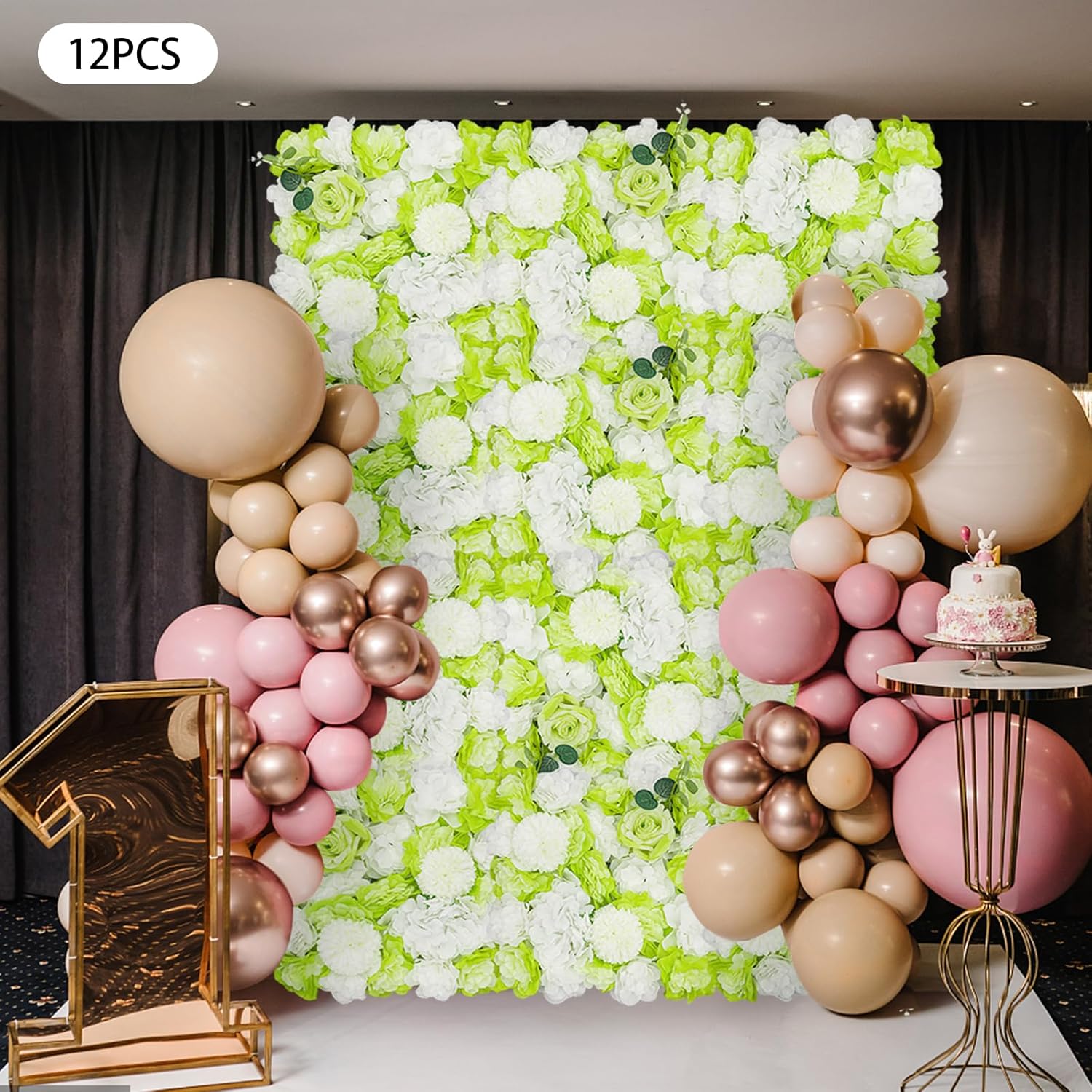 12 Pcs Flower Wall Panel Backdrop Set Artificial Fabric Floral Wall Decoration 15×15 Background for Wedding Birthday Bridal Party Photo 12 Pcs (Green Dahlia & White Hydrangea & White Rose)