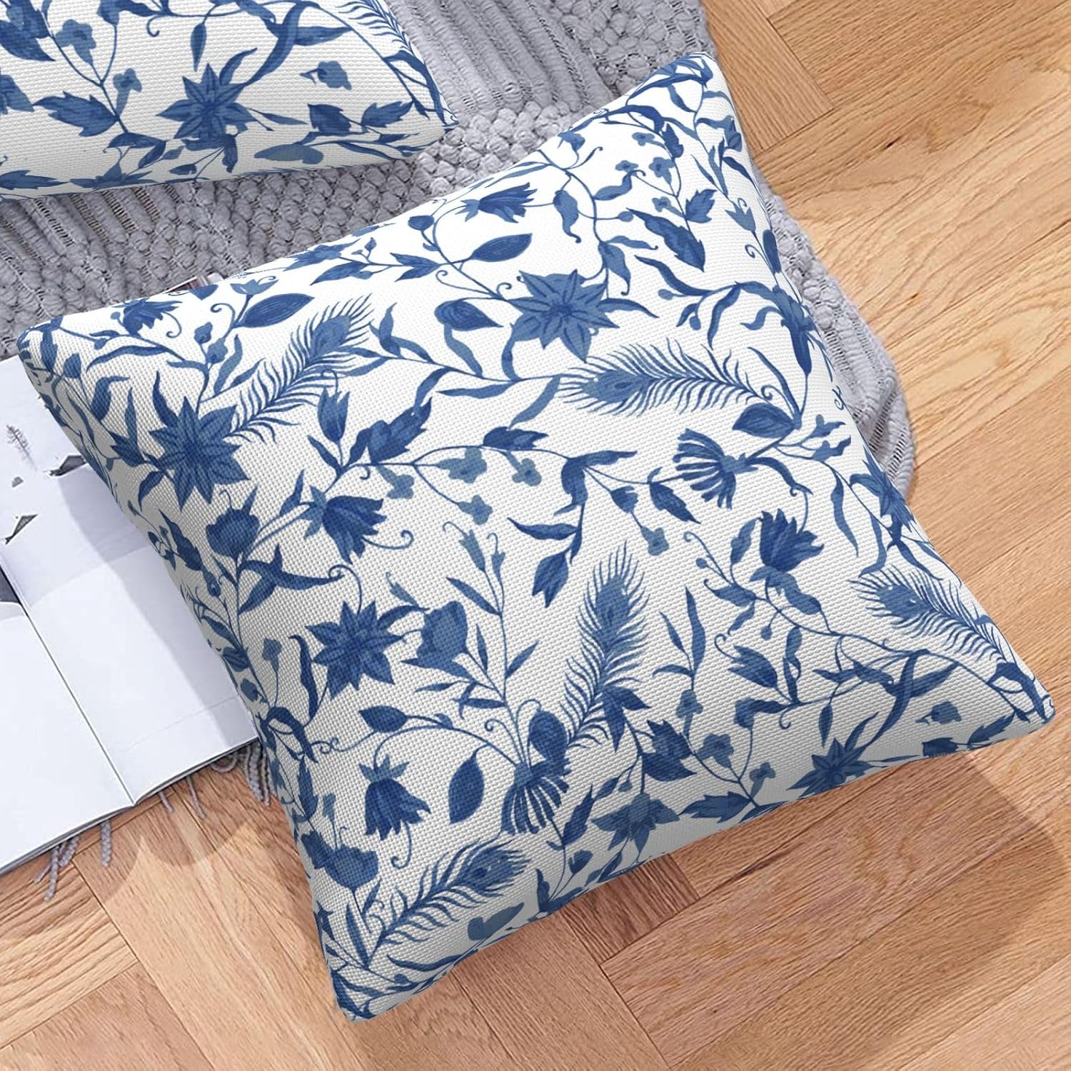 Blue Floral Outdoor Throw Pillow Covers 20x20 inch Set of 2 Waterproof Flower Accent Pillow Cases Farmhouse Decorative Cushion Covers for Patio Garden Furniture