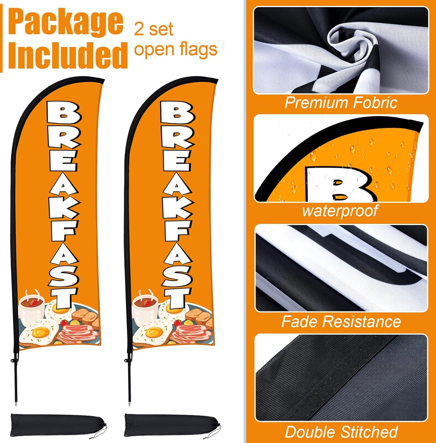 2 Sets Breakfast Feather Flag Kit 8ft Breakfast Swooper Flag Special Restaurant Advertising Feather Banner with Ground Stake and Portable Bag Advertising Sign for Business (Orange) - Image 4