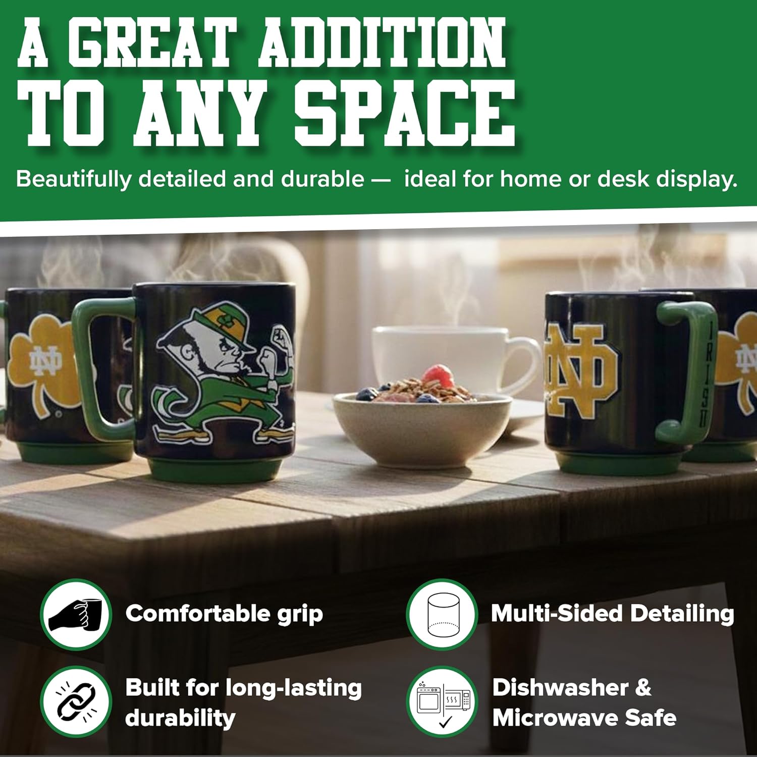 Notre Dame Fighting Irish Sculpted Contoured Relief Mug – 3D Team Logo & Handle Design – NCAA Licensed Coffee Cup – Durable Ceramic Drinkware for Home or Office – Great Gift for Fans – 16 oz - Image 4