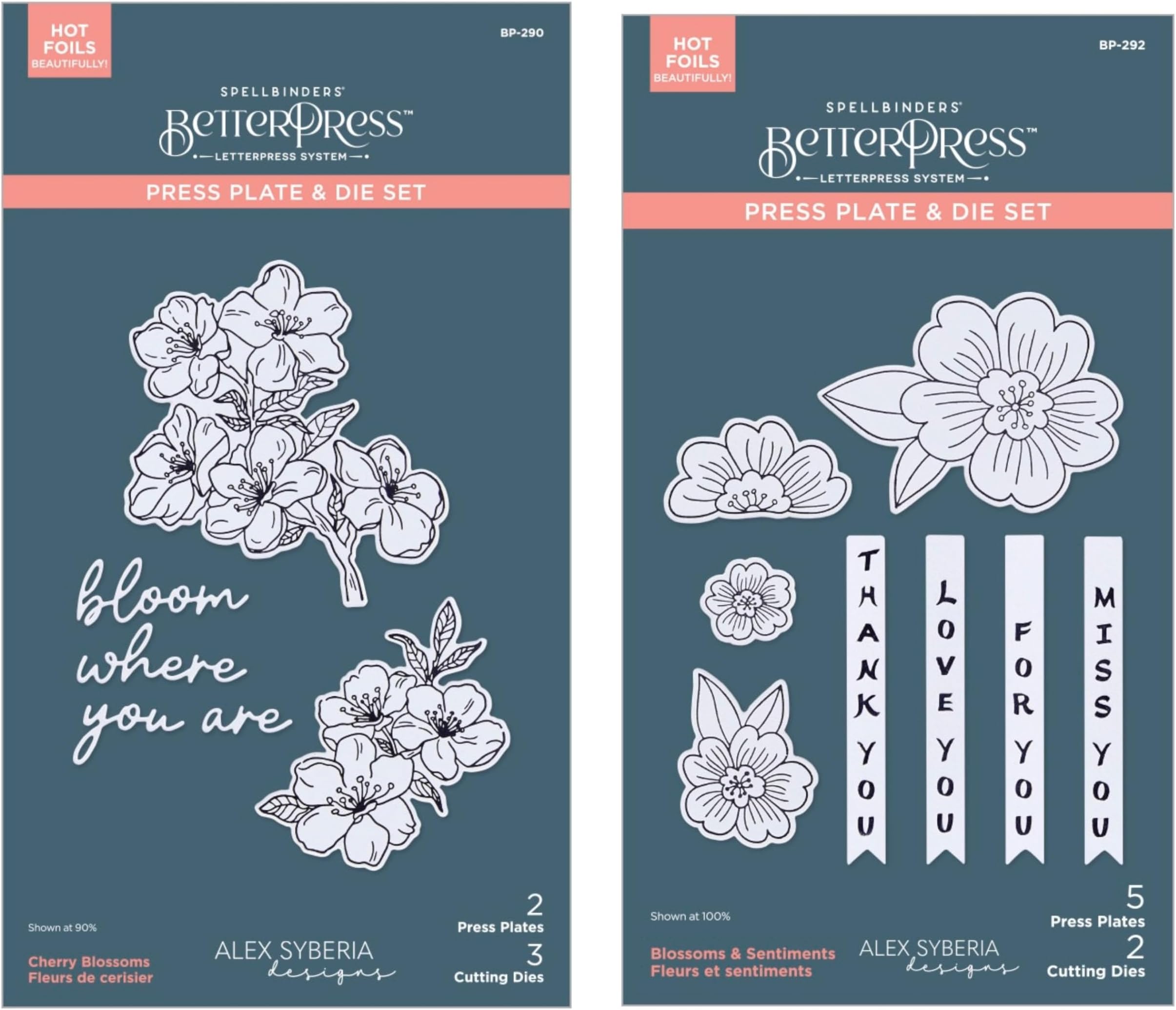 BetterPress Letterpress Bundle, Cherry Blossoms and Blossoms & Sentiments Press Plate & Die Sets, 7 Press Plates, 5 Cutting Dies