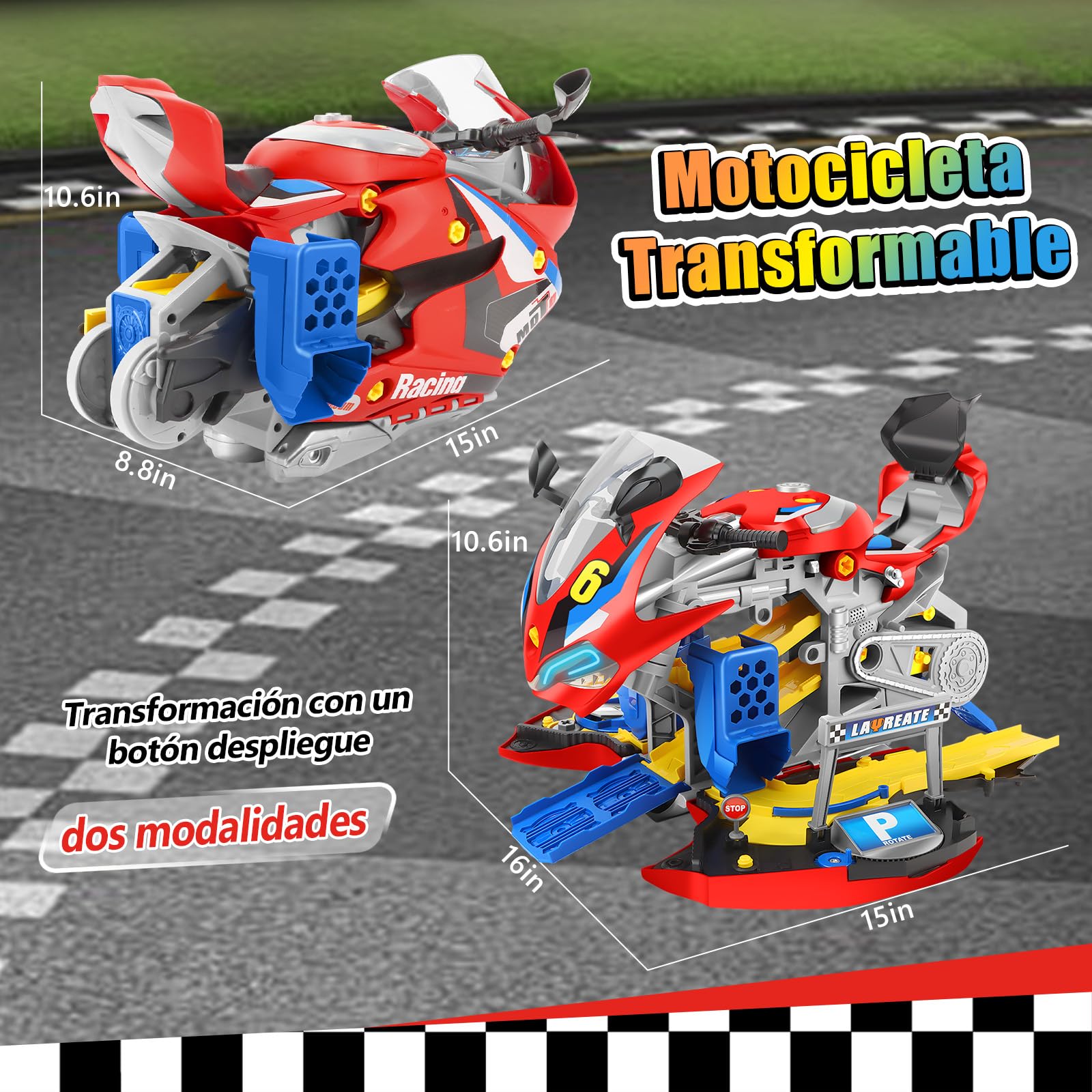 Moto Construir Niños, Moto de Construcción Con Luz y Sonido para 3-8 Años, Kit de Ensamblaje con Taladro Eléctrico y Pista, Regalo Ideal para Niños de 3 4 5 6 7 8 9 (Rojo)