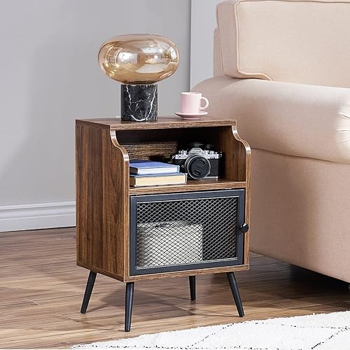 Miniatura 2 de VECELO Juego de 1 mesita de noche moderna, mesa auxiliar con armario de almacenamiento, mesita de noche industrial con estante de cajón abierto para