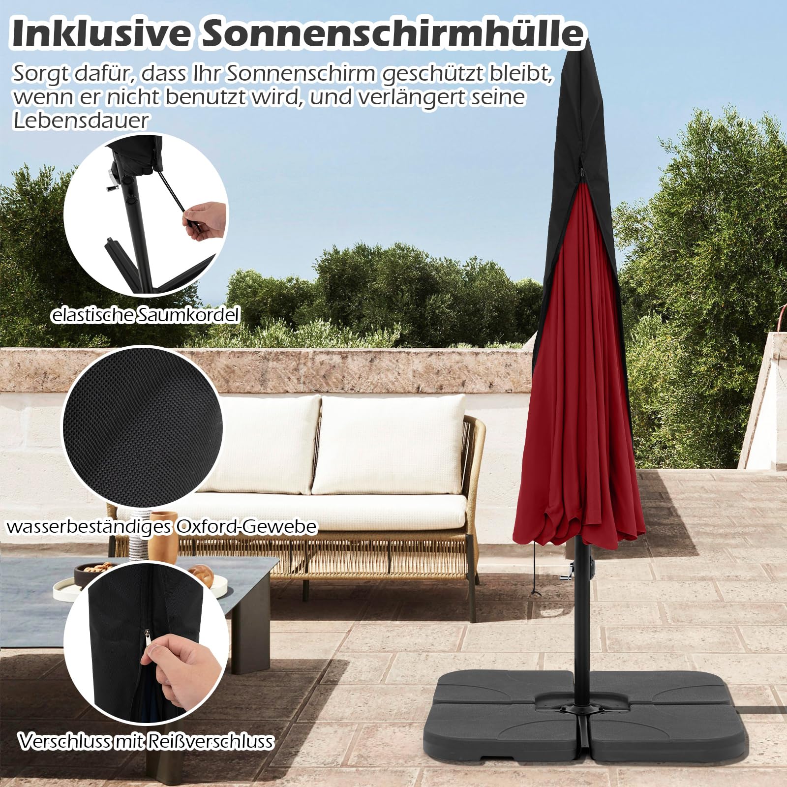 COSTWAY Sonnenschirm 300 cm, inkl. Schutzhülle, Ampelschirm mit Kurbel und Volant, Neigungswinkel verstellbar, Gartenschirm, Marktschirm, Terrassenschirm für Garten, Pool, Terrasse (Rot)