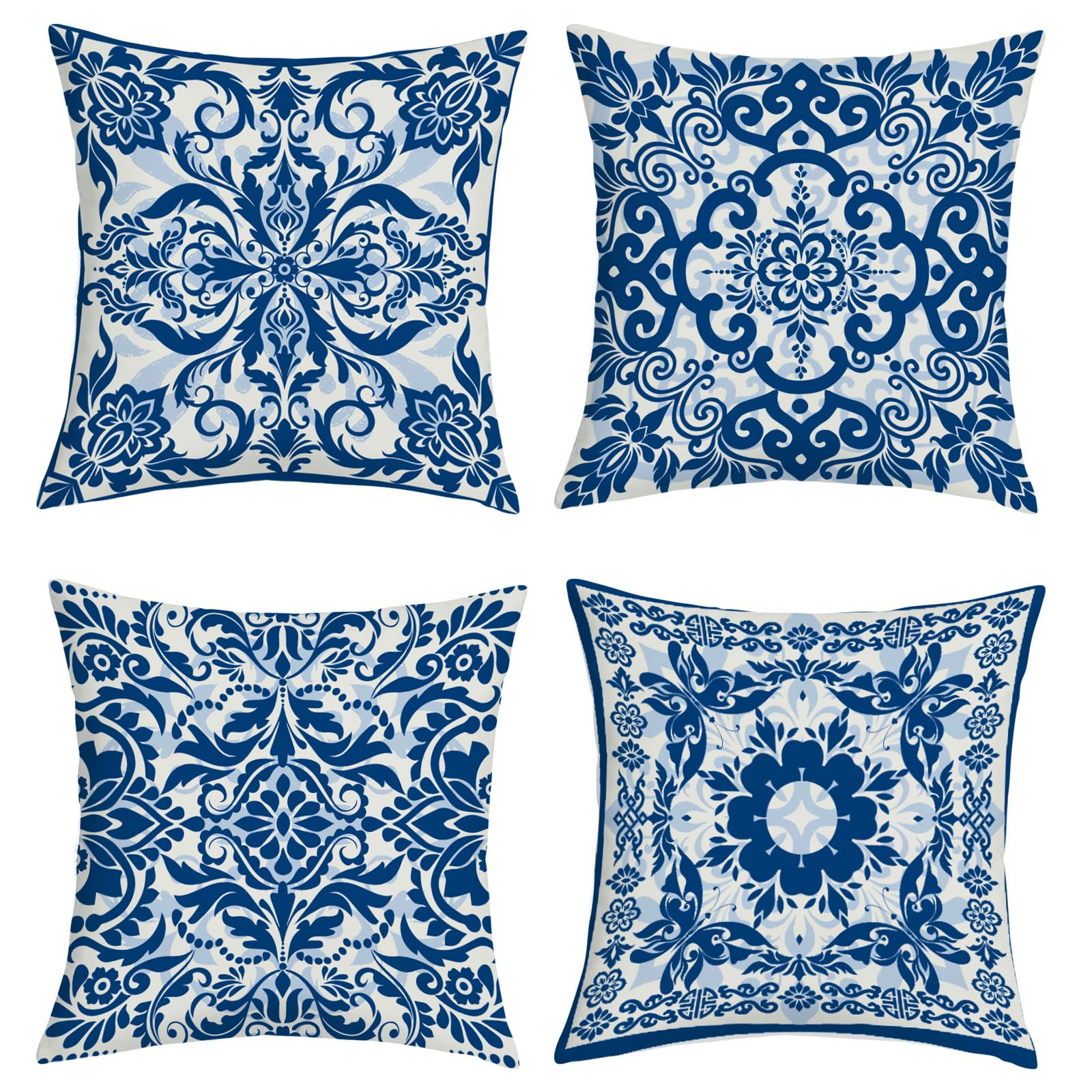 Niebiesko-białe porcelanowe kwiatowe poszewki na poduszki 45 x 45 opakowanie 4 sztuk w stylu vintage chiński kwiat kwadratowa poszewka na poduszkę dekoracyjna poduszka na sofę z niewidocznym