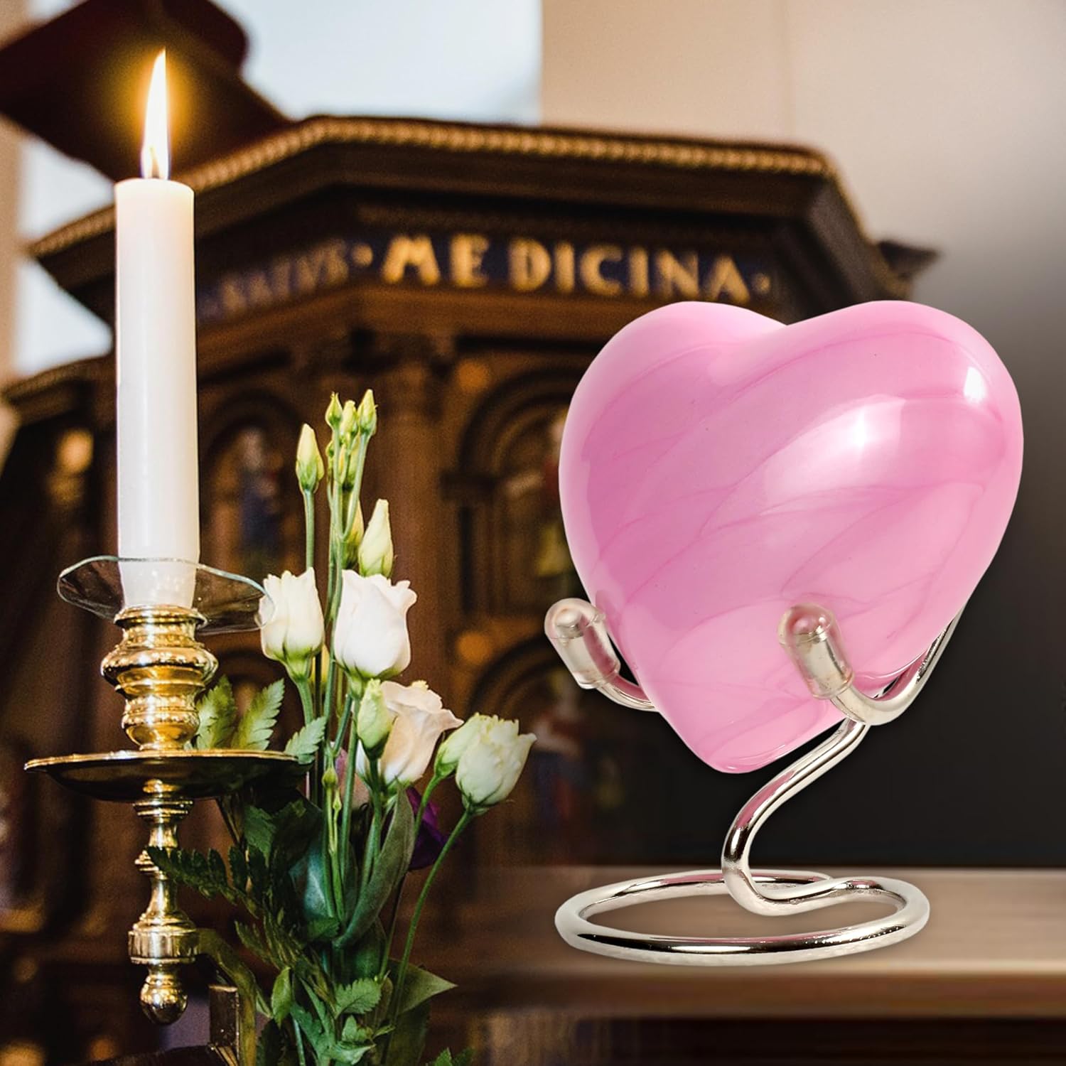Heart Keepsake Urn for Human Ashes – Handcrafted Pink Aluminum Mini Heart Urn with Silver Stand, Velvet Bag & Gift Box – Small Infant or Pet Cremation Urn, 3 Cu Inches Capacity – Memorial Keepsake