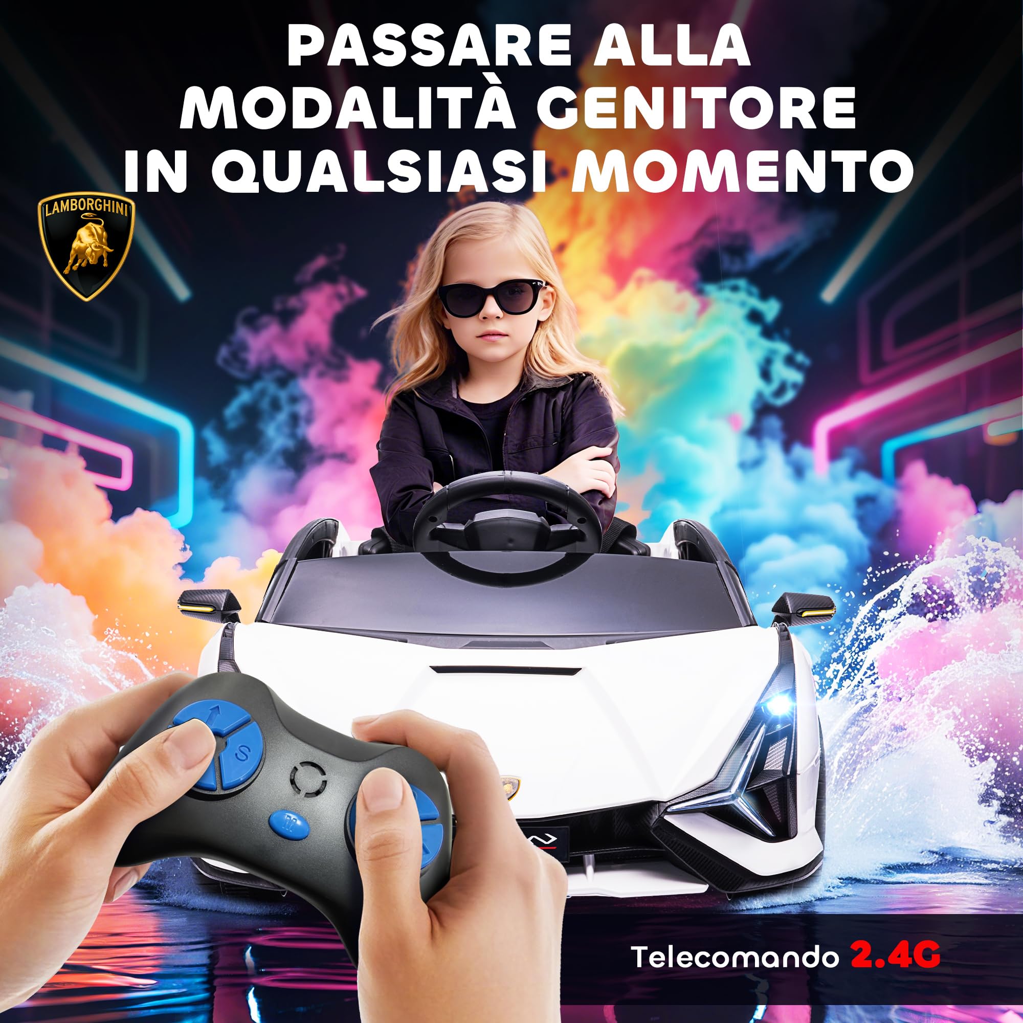 HOMCOM Macchina Elettrica per Bambini 3-5 Anni 12V Lamborghini SIAN, 3-5km/h Auto Elettrica per Bambini con 2 Motori, Fari e Musica, Telecomando, Cintura e Clacson, Bianco
