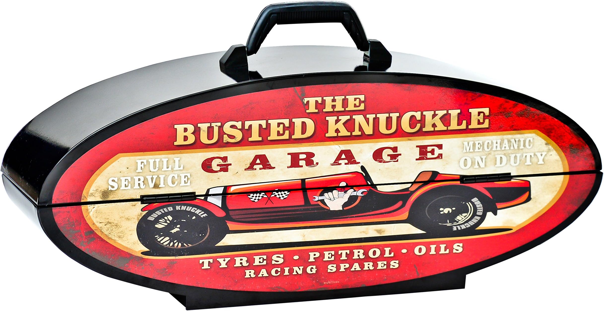 Goboxes 1050 Oval Shaped Steel Toolbox with Busted Knuckle Garage Roadster, Black/Red
