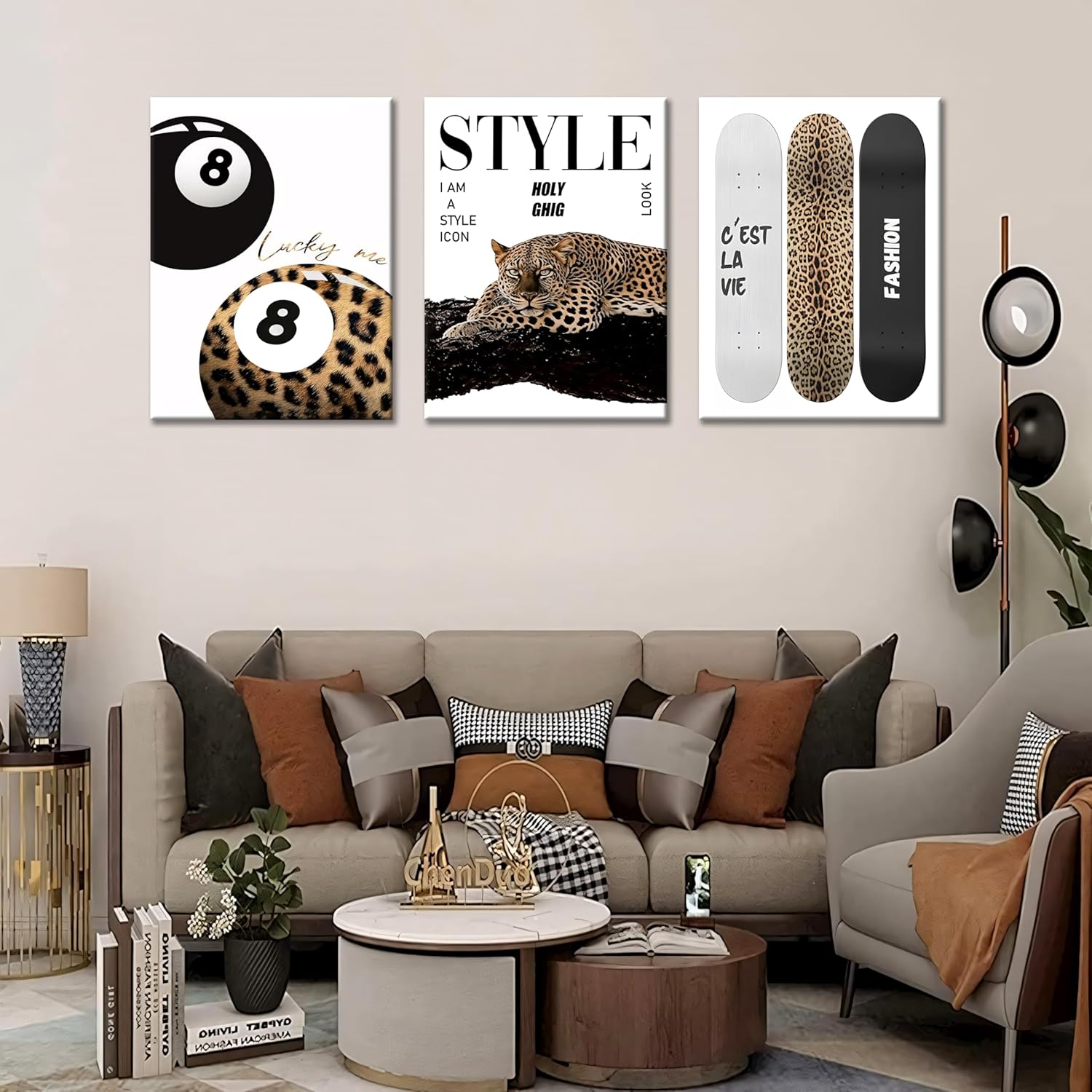 3Pcs Trendy Leopard Canvas Wall Art Preppy Stylish Leopard Painting Picture Wall Decor Funky Lucky 8 Ball Cheetah Poster Print Artwork for Bedroom Living Room Bathroom Home Decoration Framed 12x16