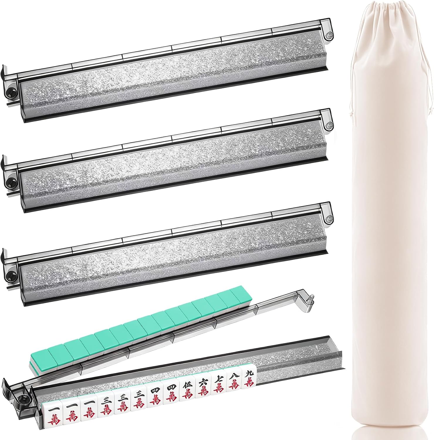 Mahjong Racks with Pushers, Mahjong All-in-One Tile Pushers and Racks, Acrylic American Majiang Tile Holders Accessories, Set of 4, Sparkling Black