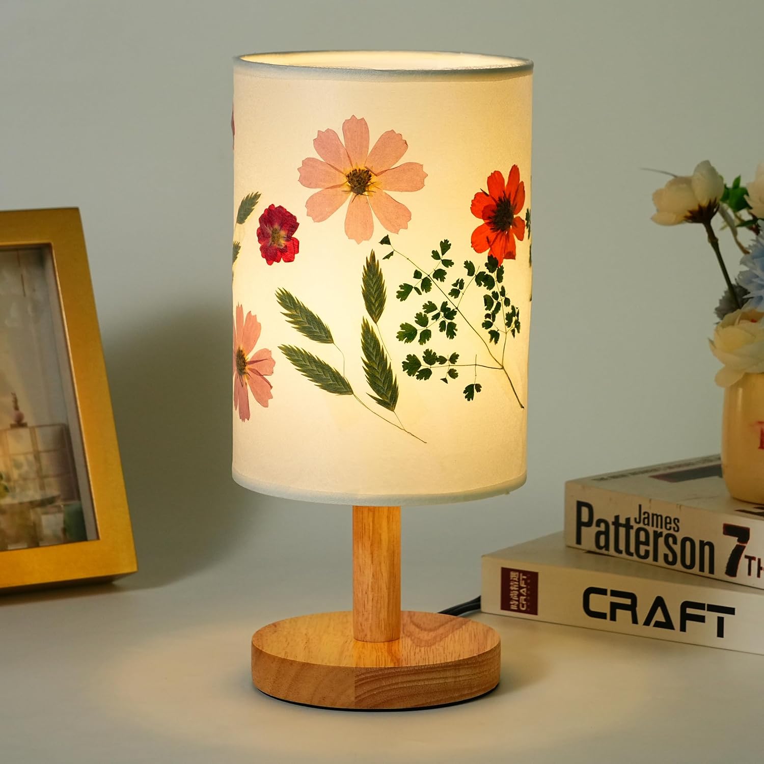 Decorative Table Lamp with Floral Shade Design, Wooden Base, Fabric Lampshade, Ambient Lighting for Bedroom, Living Room (White)