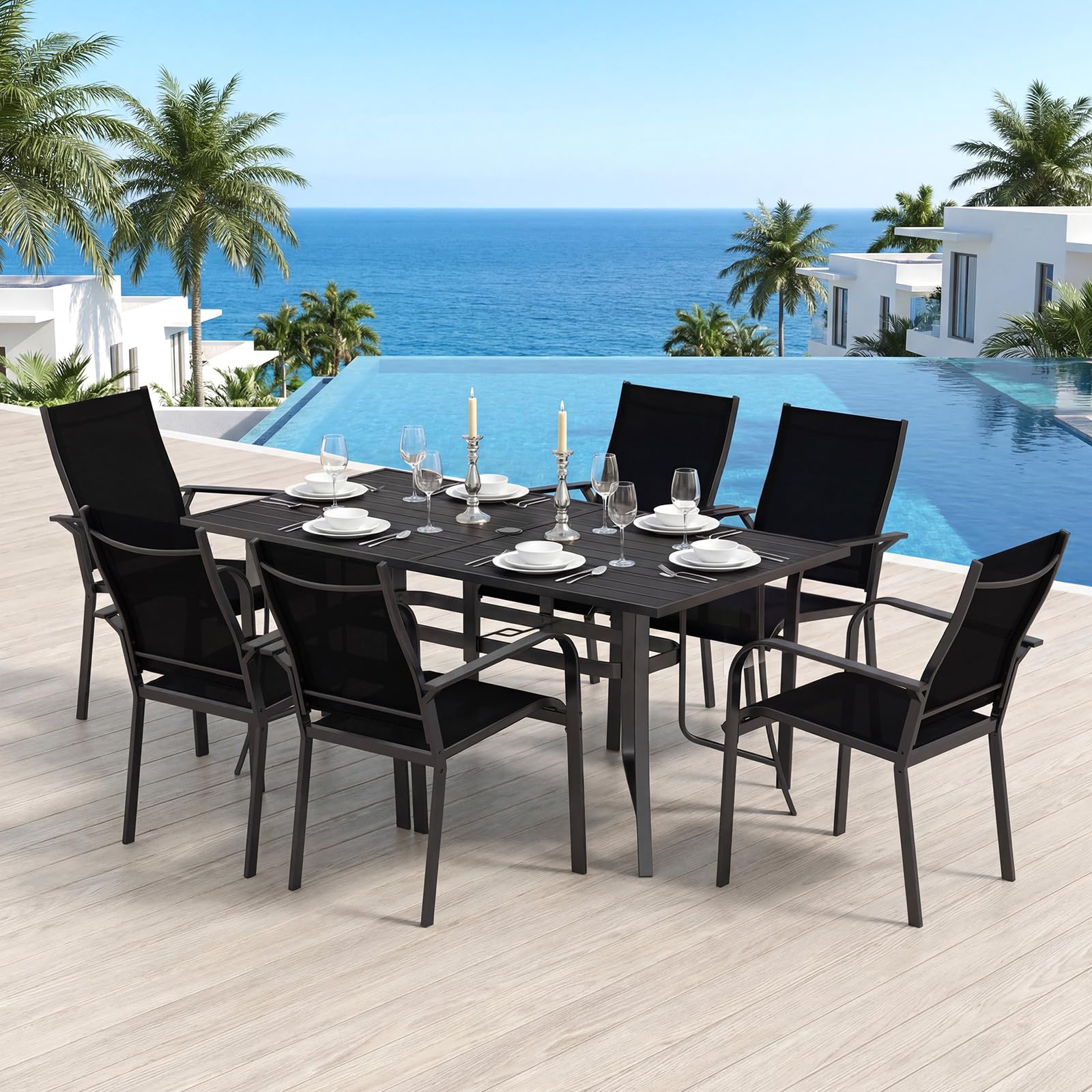 COSTWAY Tavolo da Giardino a 6 Posti in Metallo, con Foro di Ombrellone | Tavolo Pranzo Esterno Rettangolare per Balcone Terrazzo Campeggio, Portata 150 kg, 160 x 84 x 73 cm