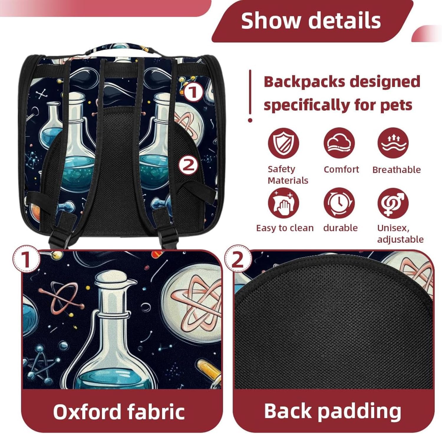 Portable Travel pet Backpack Carrier Hamster Bag Small Dog cat Carrier Breathable Hang Bag, Globe Microscope Magnet Flask Molecule (4)