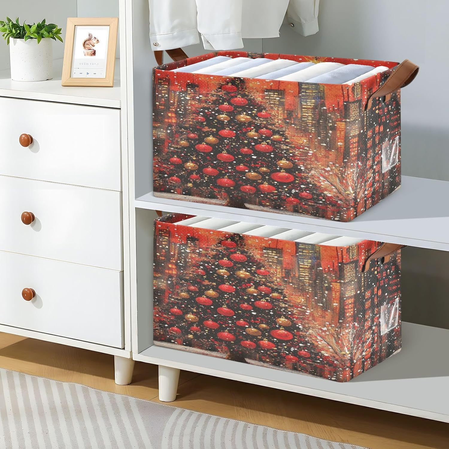 Christmas Lights Tree 2 Pack Fabric Storage Bins for Shelves Collapsible Cube Storage Bin Basket Storage Cubes with Handle Under The Bed Storage Bins for Home Office Clothes Closet