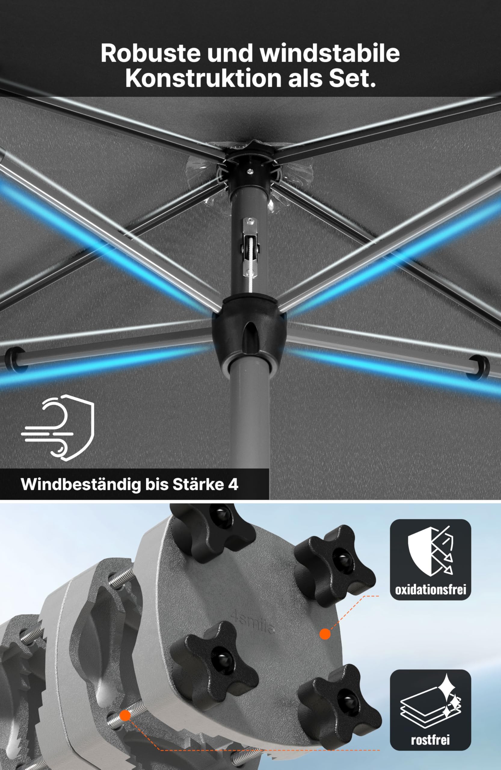4smile SunnyShade Sonnenschirm Balkon mit Halterung im 3-er-Set, UV 50+, 200x125 cm, Anthrazit, Sonnenschirm rechteckig, Sonnenschutz Balkon, Balkonschirm mit Sonnenschirmhalter, für Balkongeländer