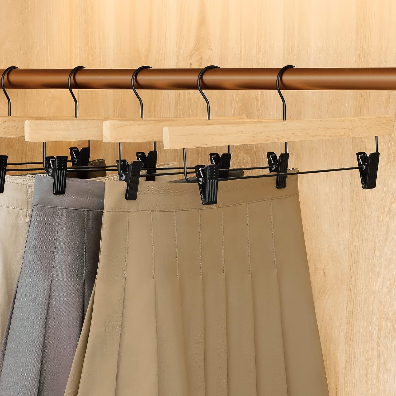 TOPIA HANGER Pants Hangers 10 Pack, Wooden Clothes Hangers with Black Clips and Rotatable Hook, Durable Natural Rubber Wood Hangers for Skirts, Pants, Jeans, Shorts - CTS02N