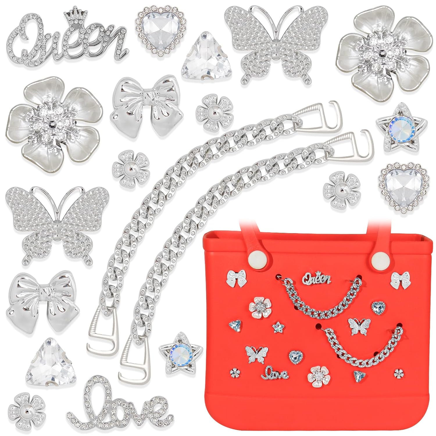 20 Pcs Beach Charms for Bogg Bag DIY Accessories Butterfly Flower Silver Chain Charm Cute Decoration Bag Charms for Bogg Bags Rubber Tote Beach Bags for Women