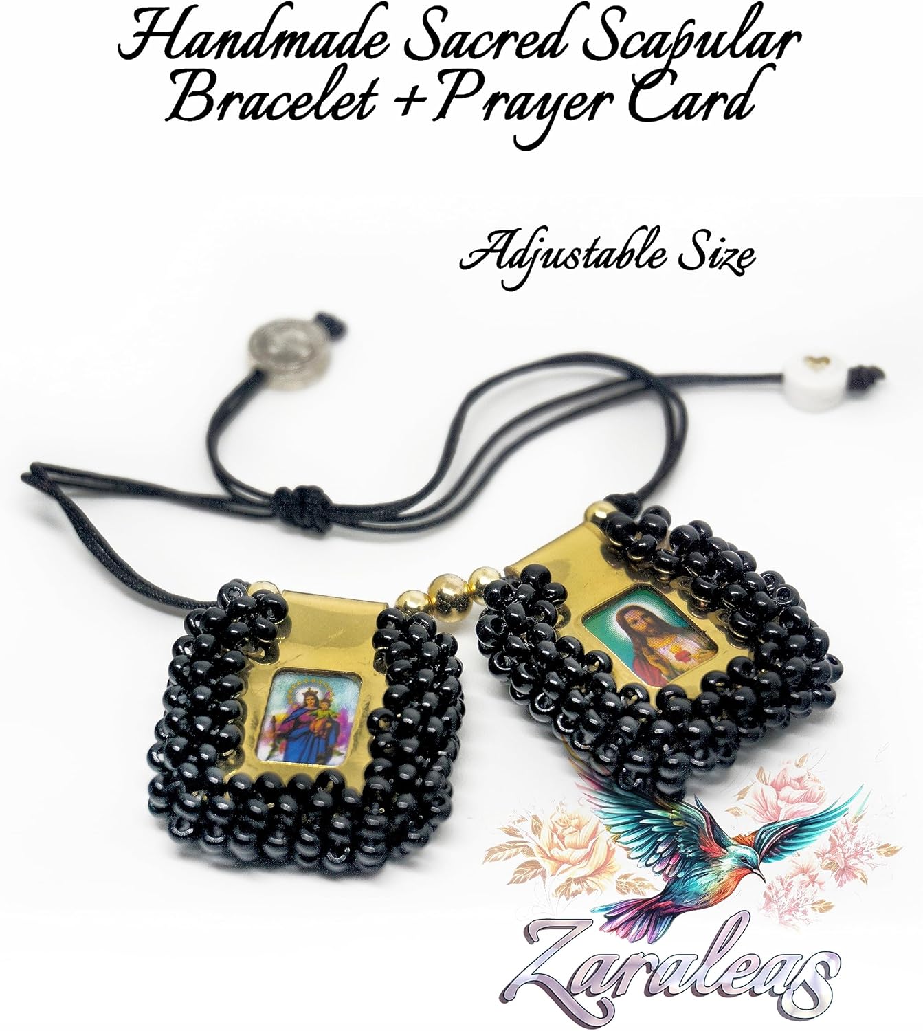 Sacred Scapular Bracelet Handmade Embroidered Bead Wristband of Sacred Heart of Jesus, Holy Virgin of Carmen, St. Michael Archangel. 2,5cm x 3cm Black Color by Zaraleas - Image 6