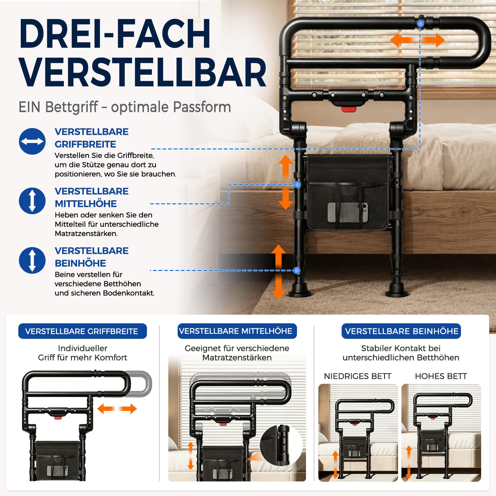 NJUN Aufstehhilfe Bett Senioren, Klappbar, Höhen- & Breitenverstellbar