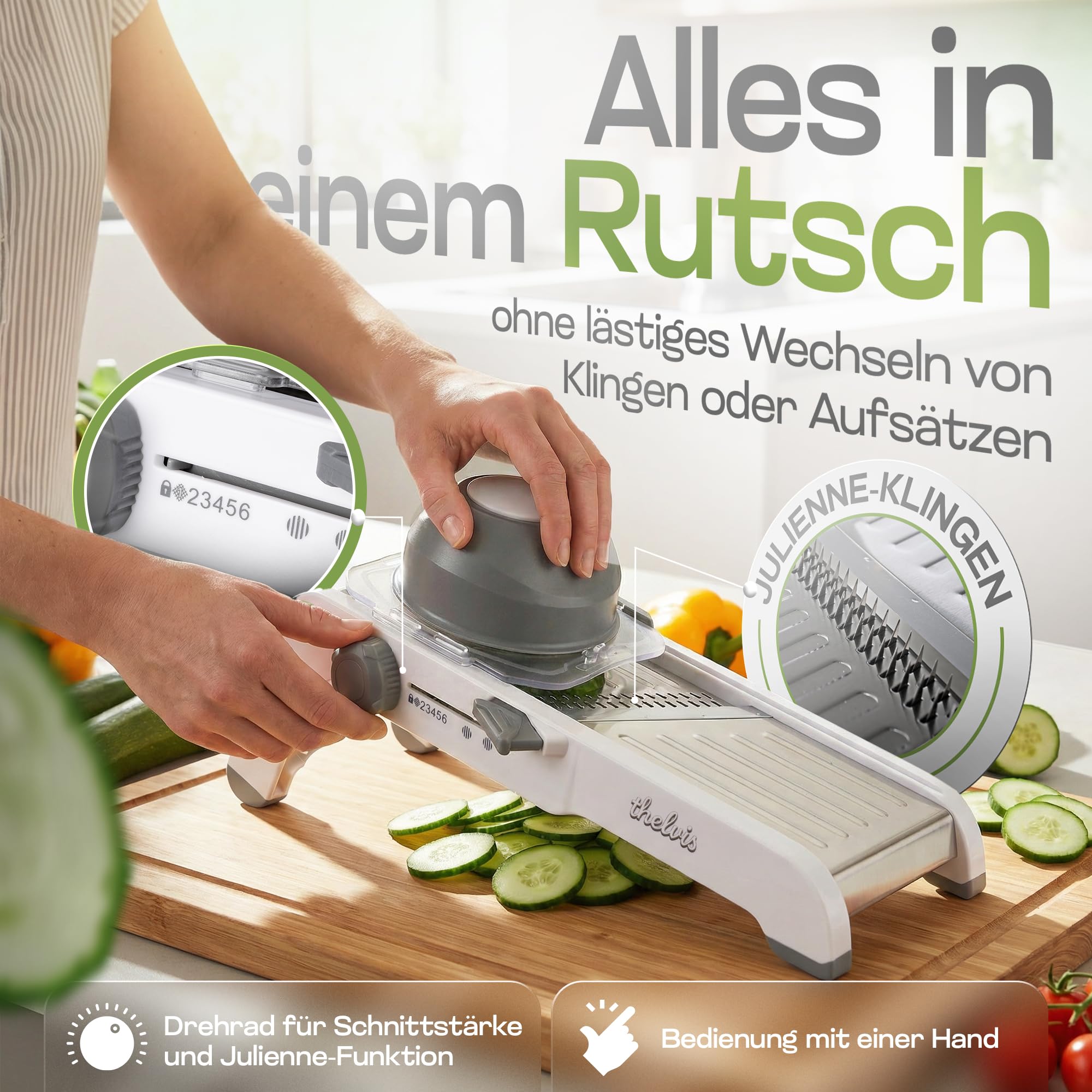 Premium Mandoline Gemüsehobel Edelstahl | kein Klingenwechsel | sicher und modern | Gemüseschneider manuell | Julienneschneider | Gurkenhobel dünne Scheiben | vegetable slicer | Küchenhobel