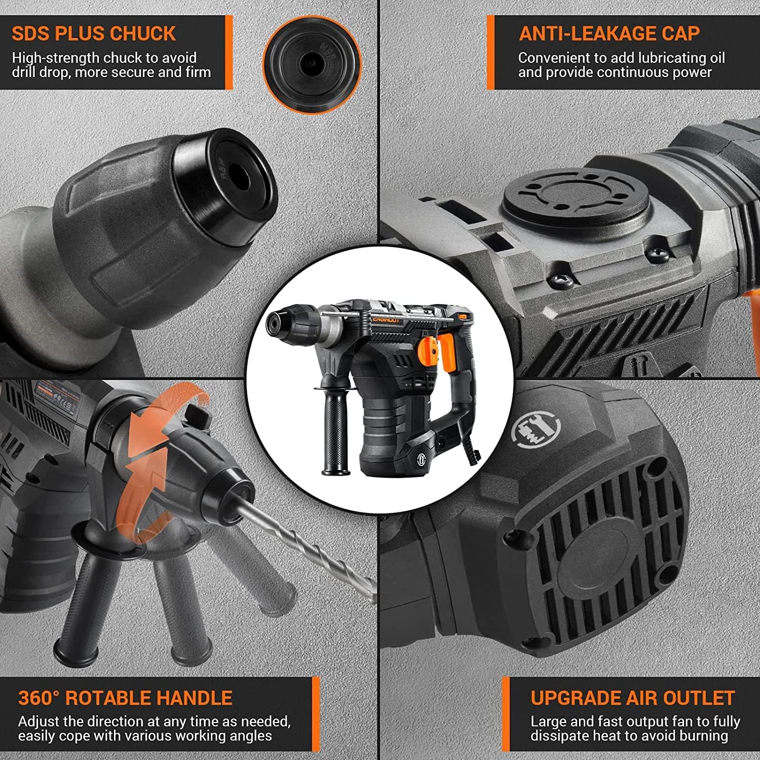 Close-up images showing the SDS Plus chuck, anti-leakage cap, 360-degree rotatable handle, and upgraded air outlet of the ENGiNDOT Rotary Hammer Drill.