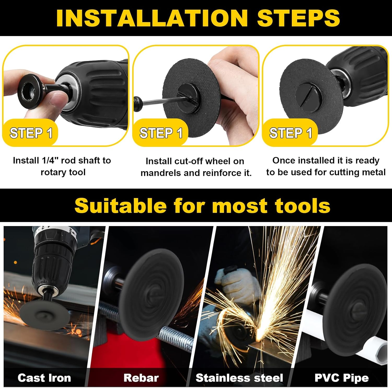 2 Inch Die Grinder Cut-Off Wheel and Diamond Cutting Wheel, 3/8in Arbor Hole 1/4in Stem Mounting Mandrel Holder Accessories for Metal & Stainless Steel Drill Rotary Tool 11 Pack Set