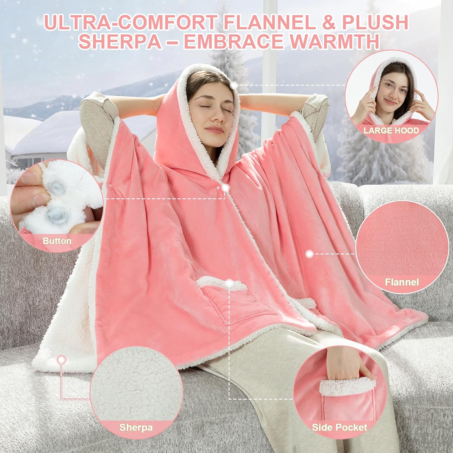 Wearable Heated Blanket, Hooded Electric Blanket for Women, Pink | Flannel & Sherpa Heated Shawl Wrap Hoodie Heating Blanket with Quick Heat, 6 Heat Settings, 4 Hour Timer, Washable, 50"x 70"