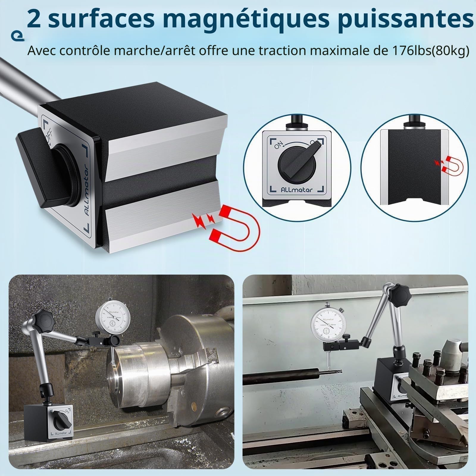Comparateur mecanique 0-20 mm Avec Base magnétique Traction max 80kg Très flexible, Comparateur précision 0,01 mm, Ensemble d'indicateurs de cadran pour Calibration des plaques de surface