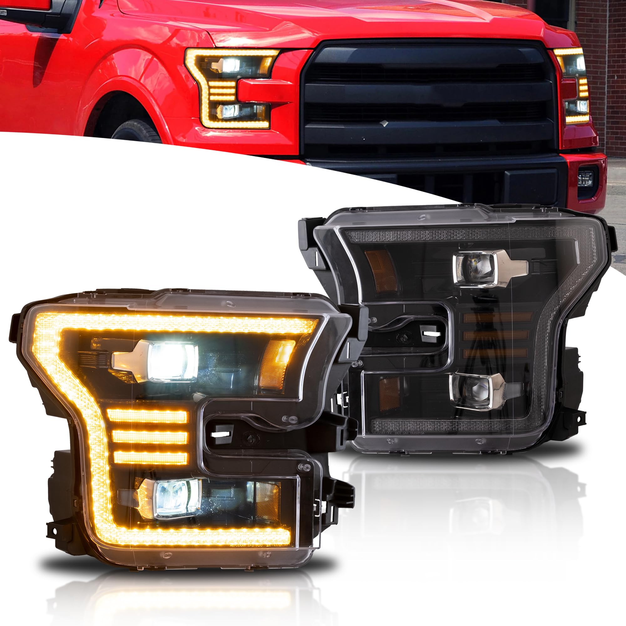 Reflektor LED do F150 2015 2016 2017 Halogen XL, XLT, Lariat, King Ranch, Platinum, Limited, Raptor [nie do oryginalnych diod LED], DRL z wyświetlaczem dynamicznym, żółte światła do jazdy