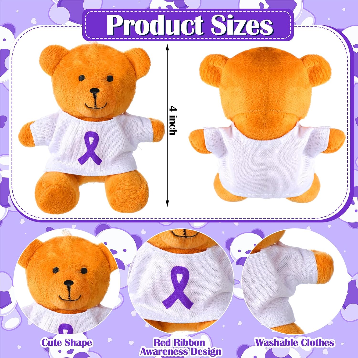 Blueweenly 18 Pcs Bulk Purple Ribbon Bear 4 Inch Alzheimer's Epilepsy Pancreatic Cancer Awareness Plush Toys Purple Ribbon Gifts Stuffed Animal for Charity Fundraiser Support Office Supplies