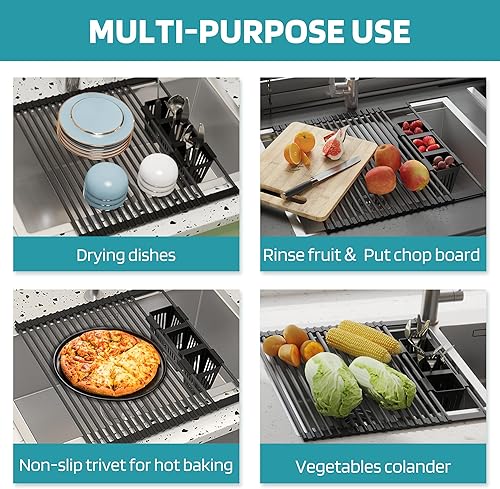 Miniatura 6 de Estante para secar platos enrollable, con envoltura de silicona sobre el fregadero, multiusos, plegable, escurridor de platos antideslizante para