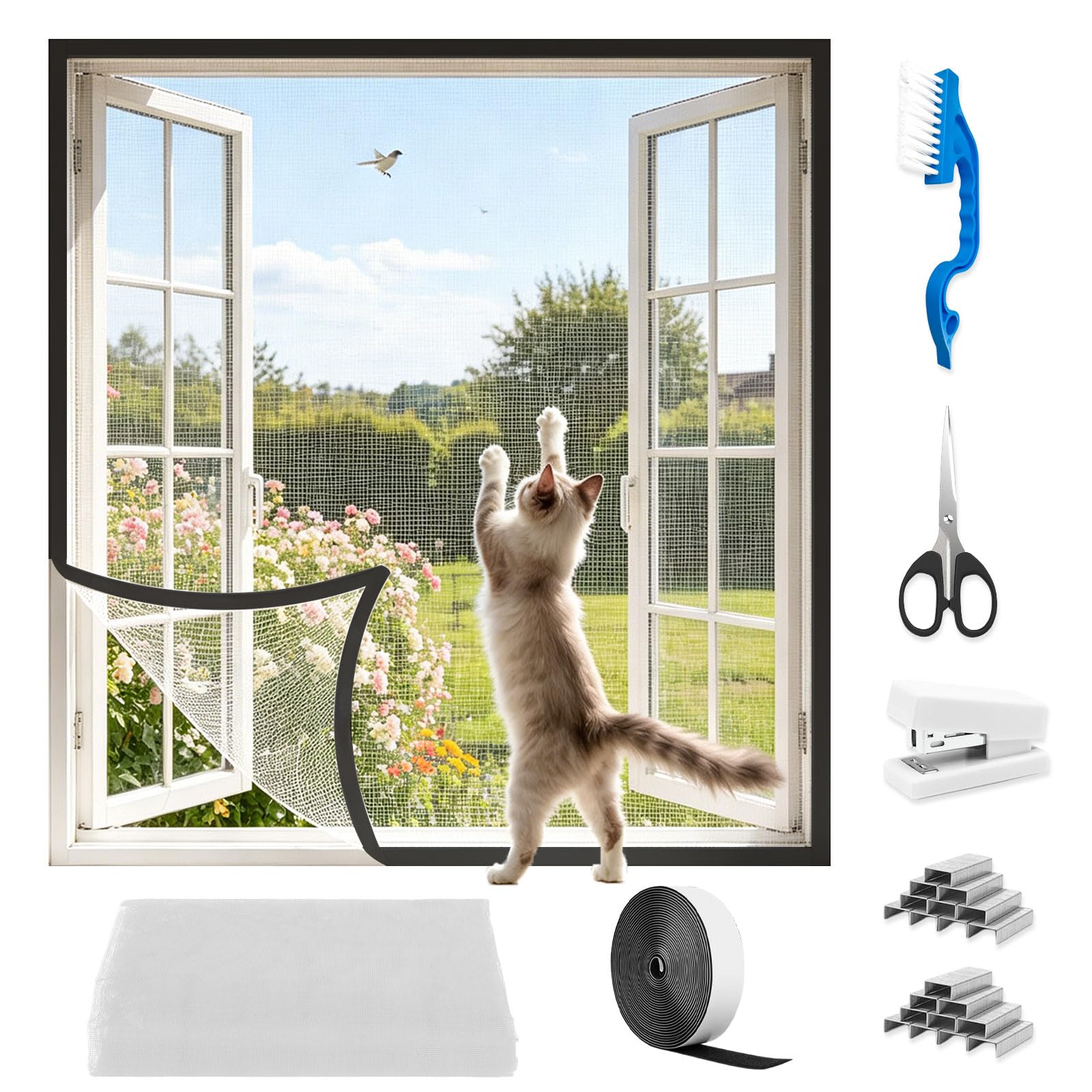 Cat Window Guard Kit,100x150cm Self-Adhesive Window Mesh for Cats with Brush/Scissors/Stapler/Staples Keep Cats Secure