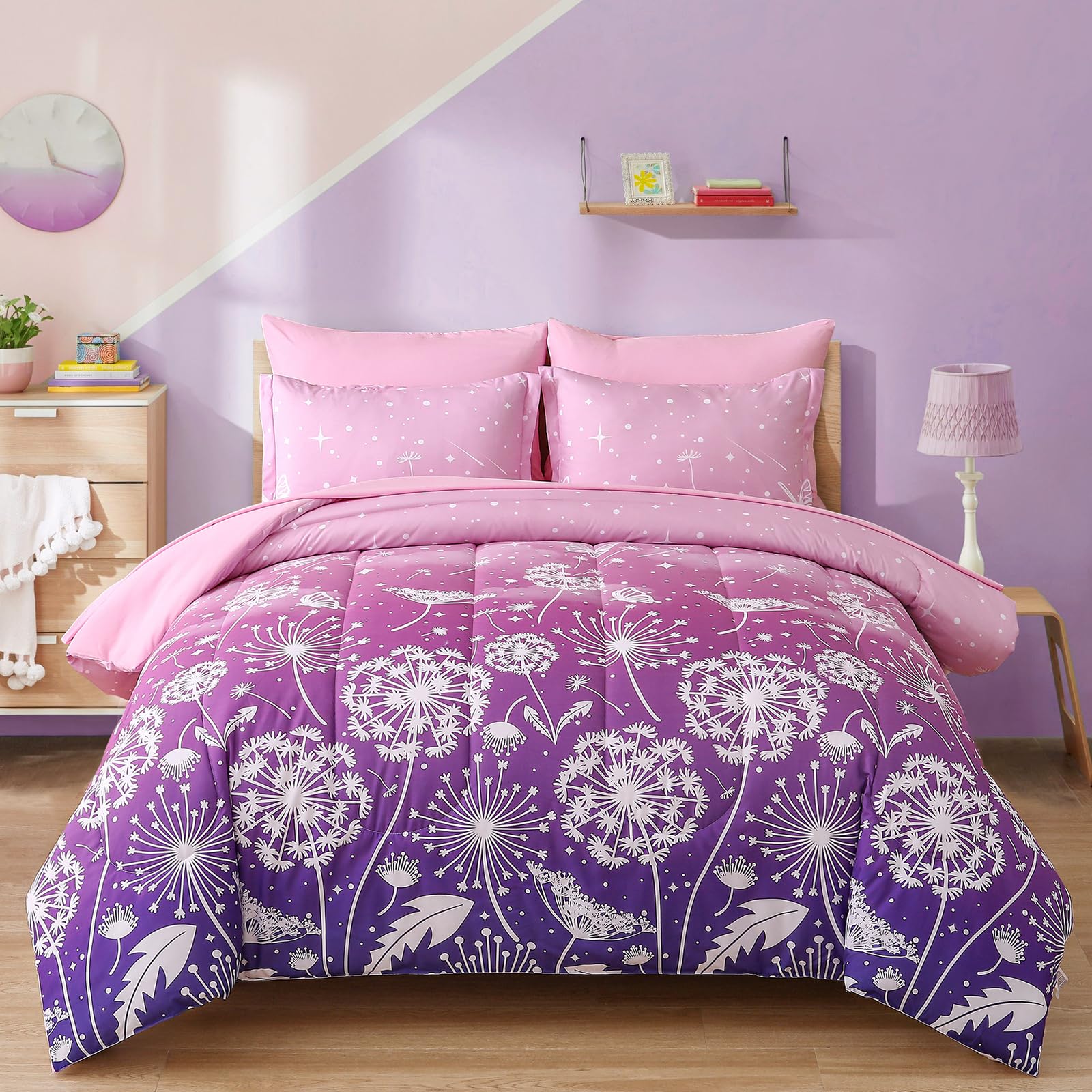 Menghomeus Girls Comforter Set Twin Size 5 Pieces Bed in A Bag Ombre Pink Purple Rainbow Bedding Set Dandelion Butterfly Print Kids Bedding Collections