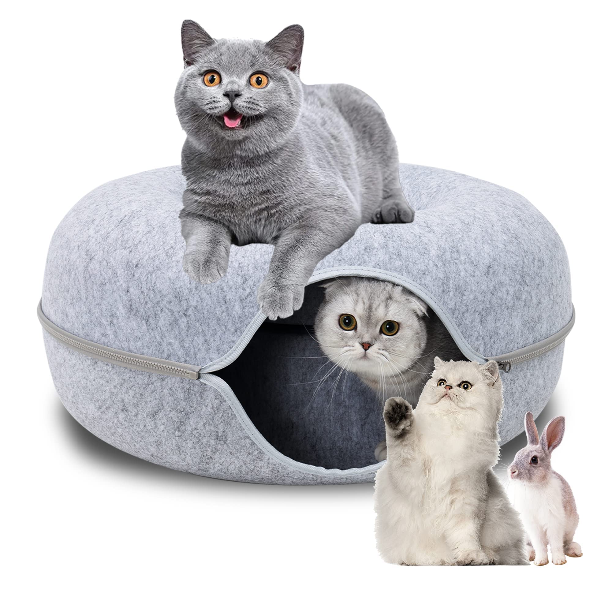 Cat Tunnel Bed, Cat Tunnel, Jia Xi Indoor Cat Hideout, Donut Cat Bed, Universal for All Seasons Cat Condo and Cat Cave(24 in * 24 in* 11 in) Light Grey