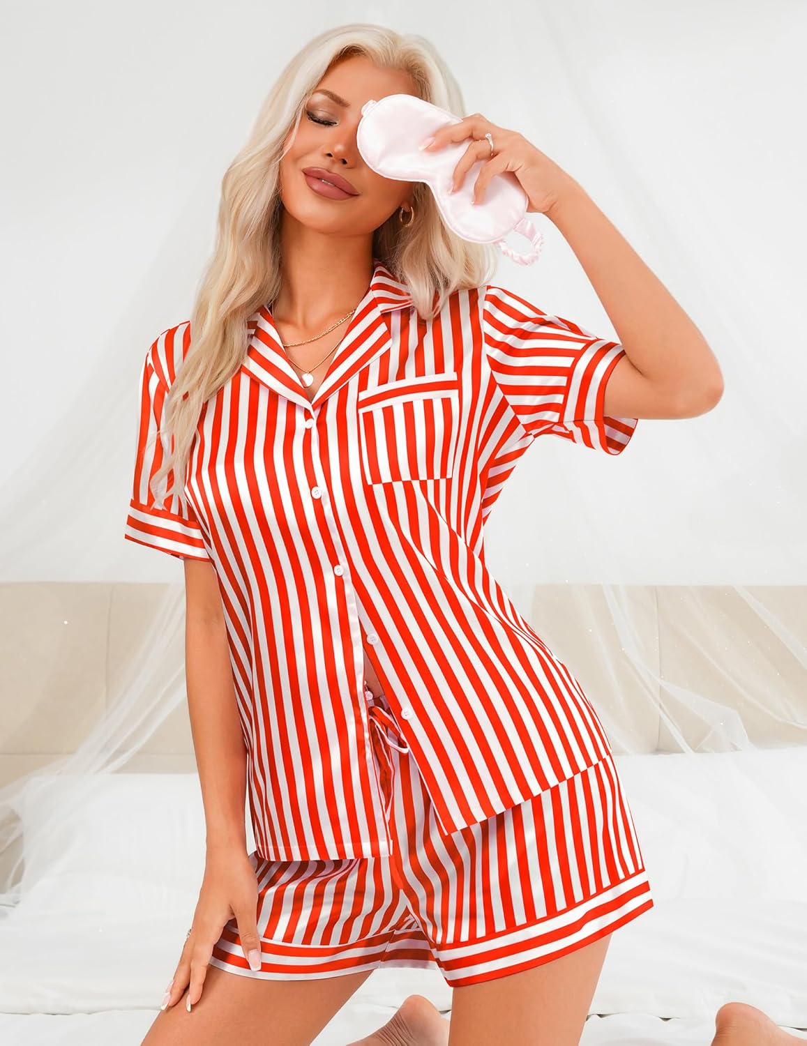 Pajamas for Women Set Silk Pjs Satin Pajama Set 2 Piece Comfy Lounge Set Short Sleeve with Shorts Gift for Wife - Image 4