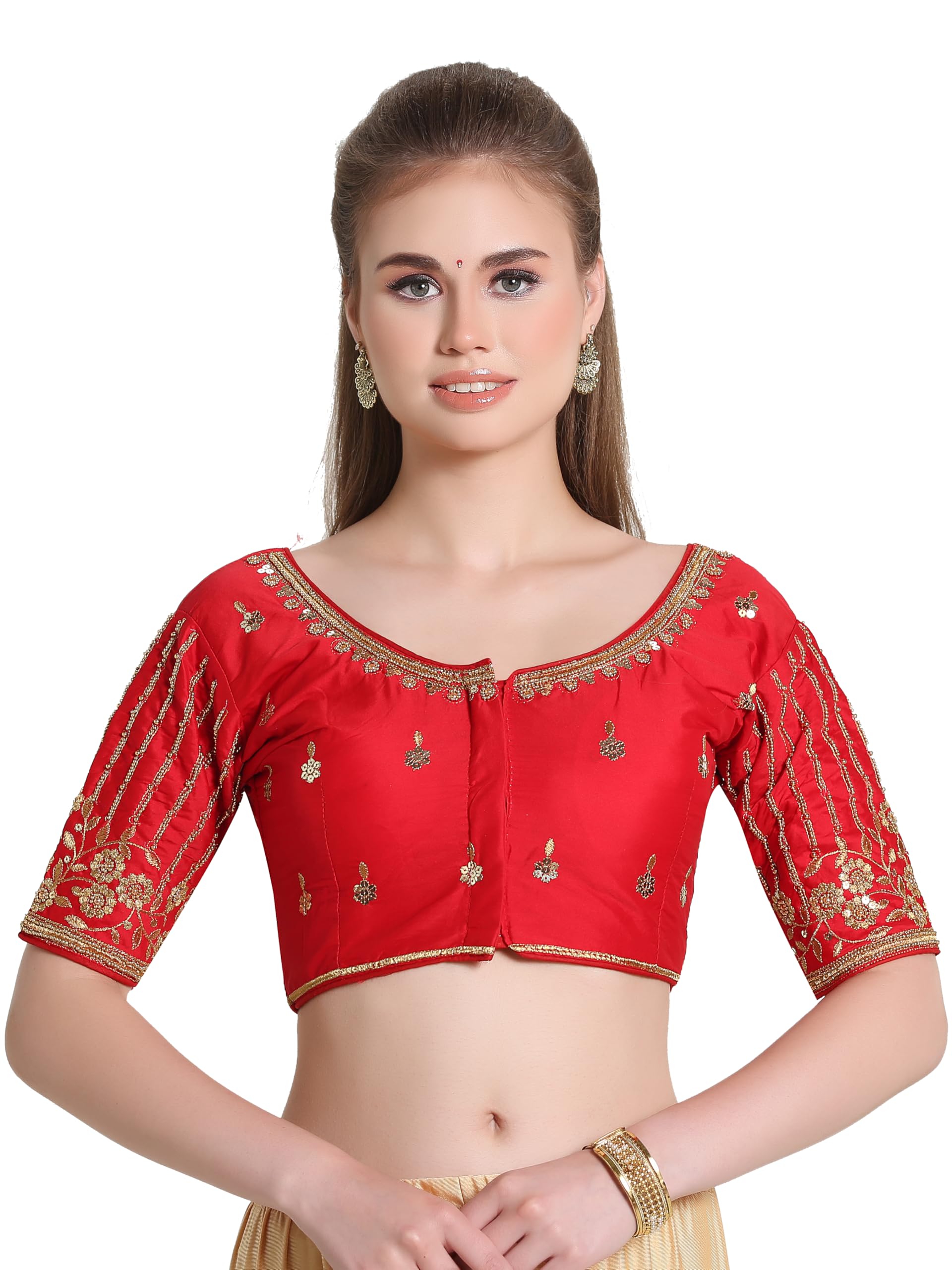 Pujia Mills Women's Readymade Bridal Embroidery Blouse Multi Coding Maggam Work Moti Work Indian Ethnic Designer Stitched Readymade Saree Half Sleeve Red Blouse For Women For Saree Lehenga Choli