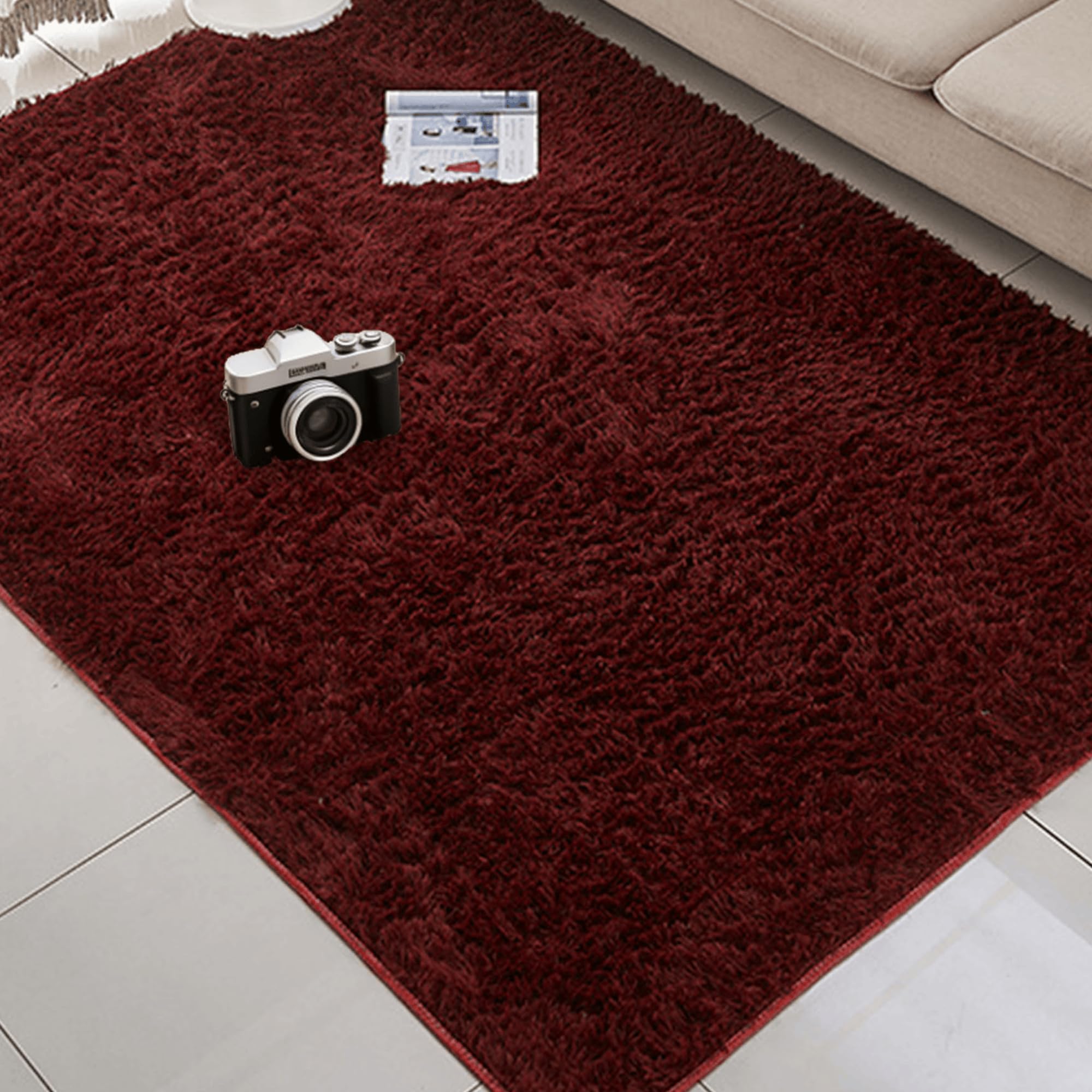 Tapis salon 340x340 cm vin rouge shaggy pelucheux grand format