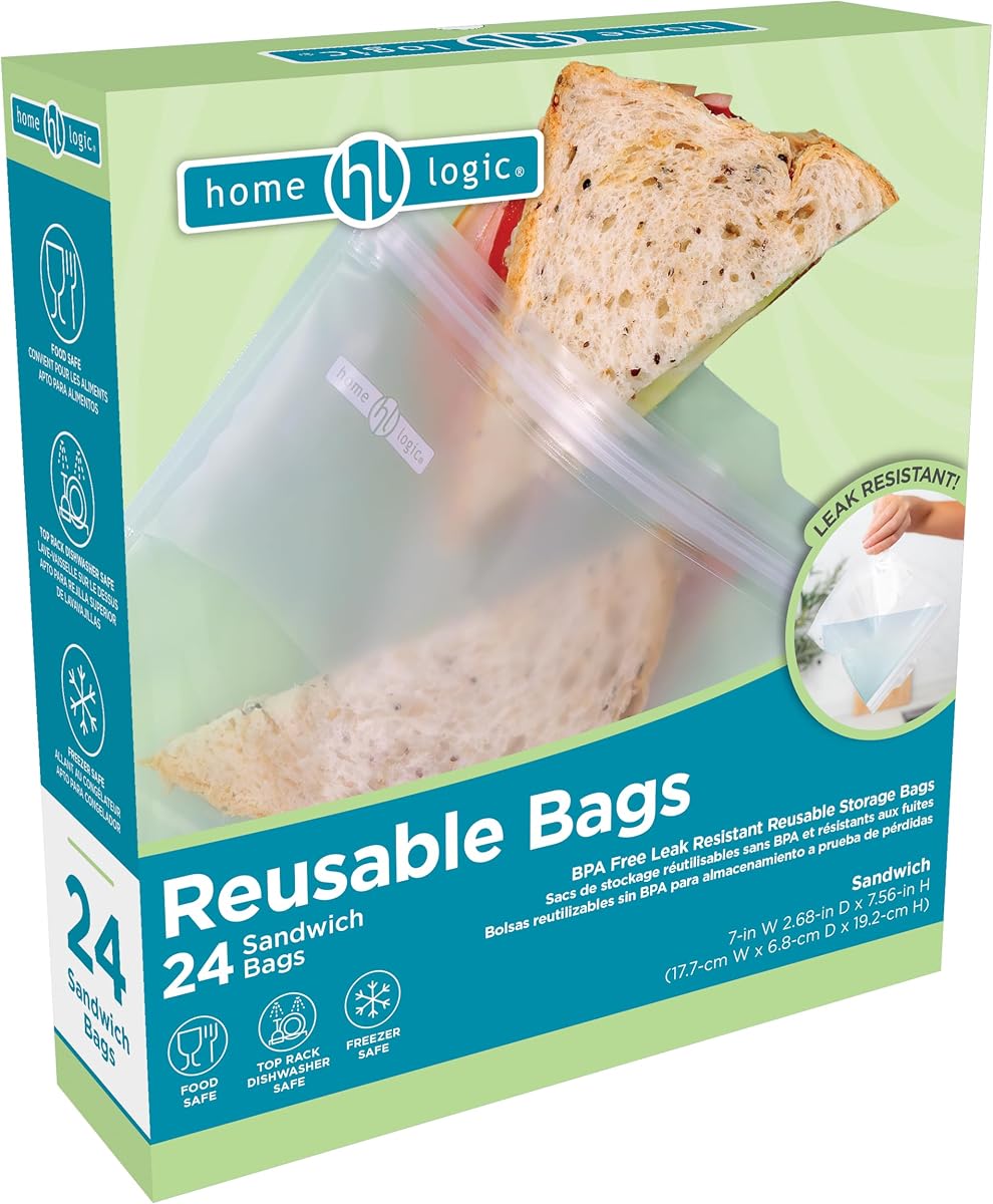 Reusable Sandwich Bags – Leak Proof Food Storage for Snacks & More – 24 Bags, 7 Inch Width