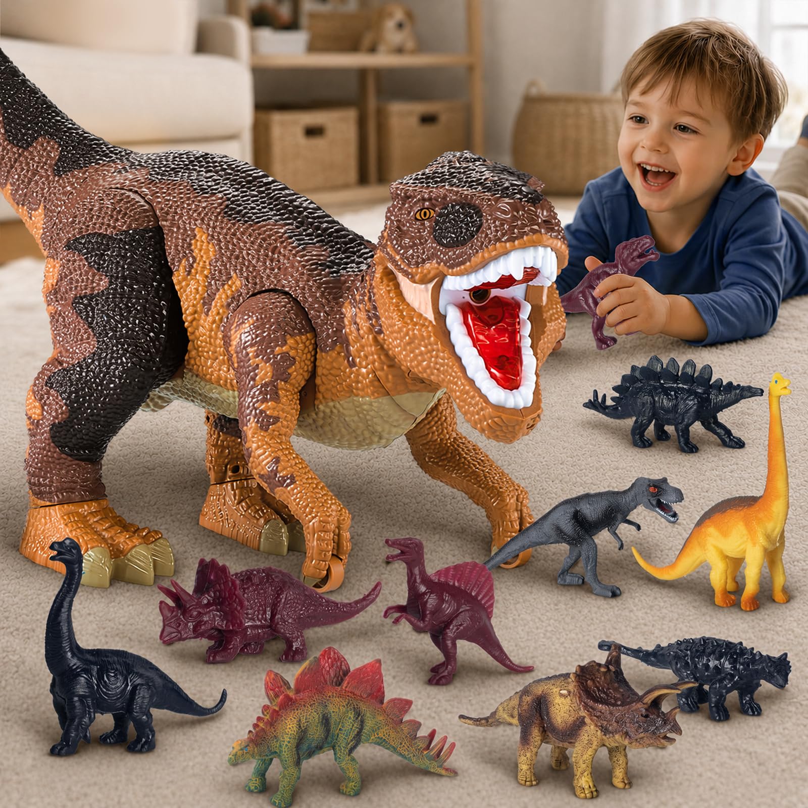 Juguetes De Dinosaurios para Niños De 3 A 8 Años, Gran T-Rex con Almacenamiento Oculto, Set Completo con Figuras, Niebla Realista, Luces Y Sonidos, Movimiento Deslizante, Marrón