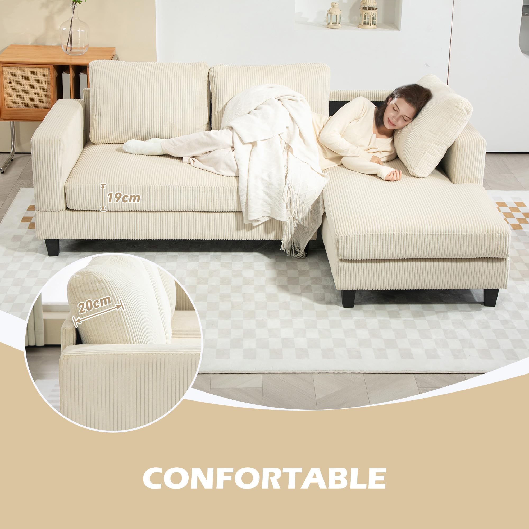 HOMCOM Sofá Chaise Longue, Sofá de 3 Plazas en Forma de L, Tapizado en Pana, Asiento y Respaldo Acolchados, para Salón, 214x134x87 cm, Beige