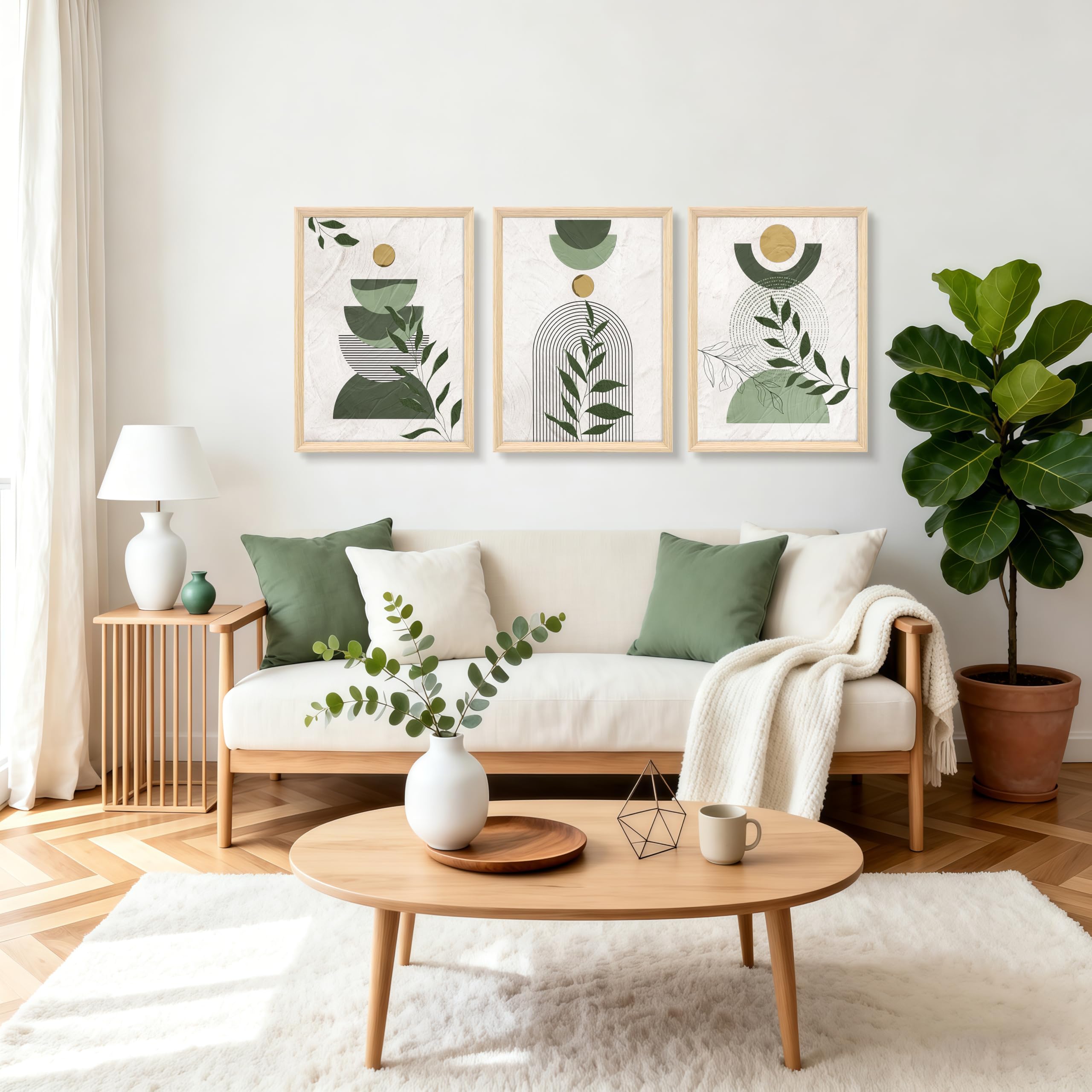 3 Pcs Wooden Framed Canvas Wall Art Set Bohemian Sage Green Canvas Prints Poster Geometric Line Beige Green Pictures for Living Room Bedroom Dinning Room Hallway Stairs Wall Decor 30x40cm x3pcs — view 422