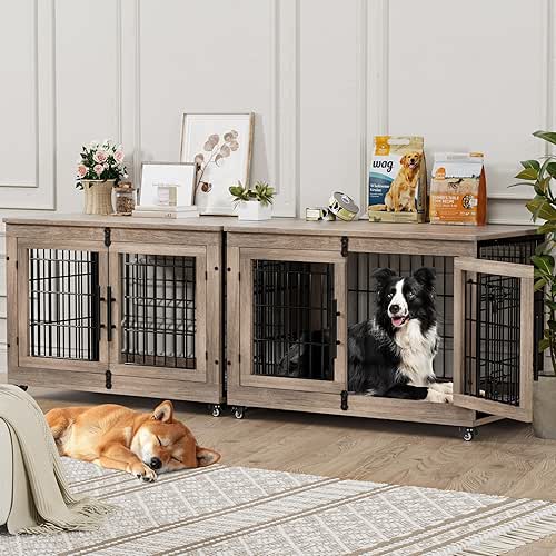 Dog Crate Furniture with Cushion Set of 2, Large Wooden