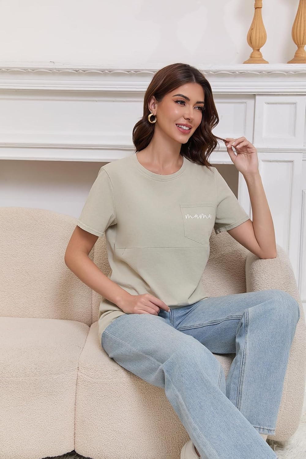 Breastfeeding Shirts for Women Mama Zipper Nursing Tops Distressed Maternity Tees Pregnancy Clothes with Pocket - Image 4