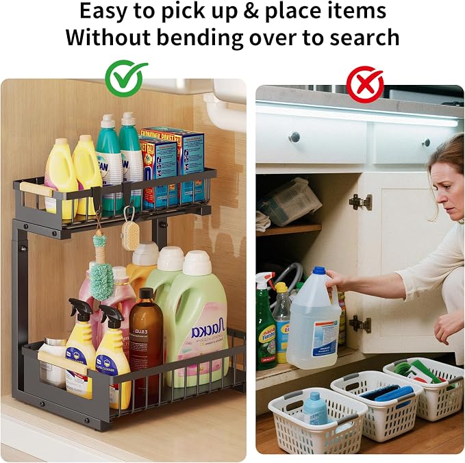 Organizador Bajo Fregadero, 2 Niveles Extraíbles Bajo Gabinete para Cocina/Baño, Cajones Ajustables de Doble Capa, Ahorra Espacio para Suministros de Limpieza (Negro, 2 Unidades) miniatura 5