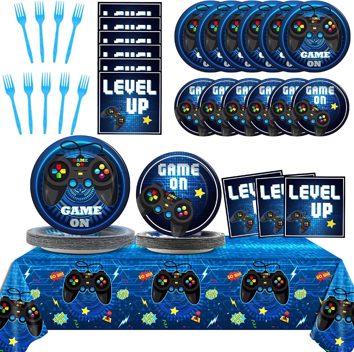 Suministros para fiestas de videojuegos Juego de vajilla para 24 invitados Fiesta de juegos Platos de cumpleaños Decoraciones para fiestas de jugadores azules Incluye platos, servilletas y manteles