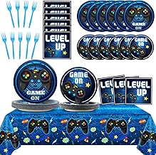 Video Game Party Supplies Tableware Set for 24 Guests Gaming Party Birthday Plates Blue Gamer Party Decorations Includes Plates, Napkins, Tablecloths